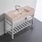 Modern Beige Travertine Design Ceramic Console Sink and Polished Chrome Base, 40